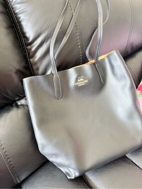 Coach Black Leather Tote with Gold Logo